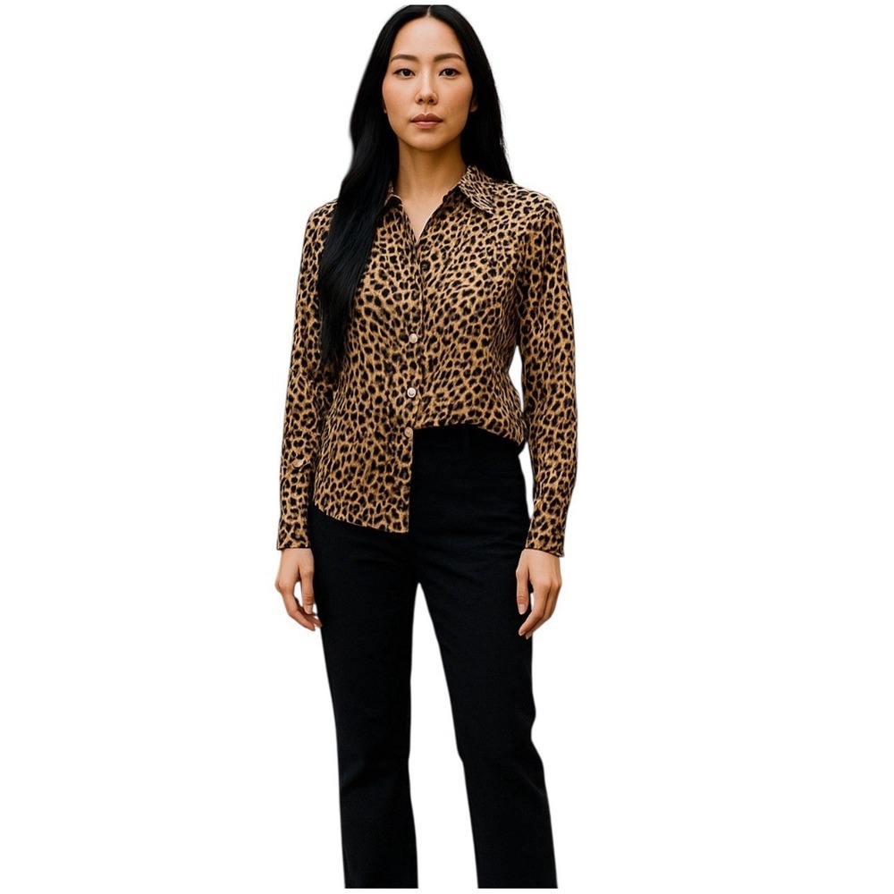 Sweet Rain Blouse Womens Size L Brown Black Leopard Pearl Button Safari Chic New